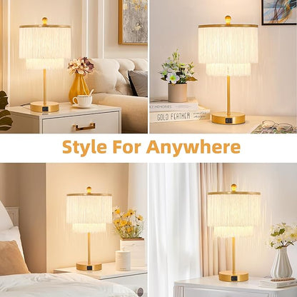 Lovlast Boho Lamp for Bedroom, 3-Way Dimmable Bedside Touch Lamp with USB Charging Port, Gold Table Lamp, Fringe Boho Table Lamp for Living Room, Teens Room, Dresser, Nightstand, LED Bulb Included