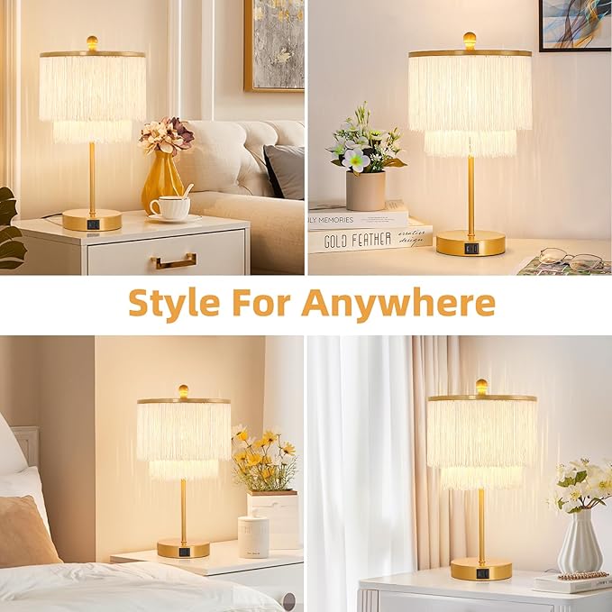 Bedside Lamps Set of 2, 3-Way Dimmable Touch Lamp with USB Charging Port, Boho Lamp with Tassel Lampshade for Bedroom, Living Room, Teens Room, Nightstand, LED Bulb Included