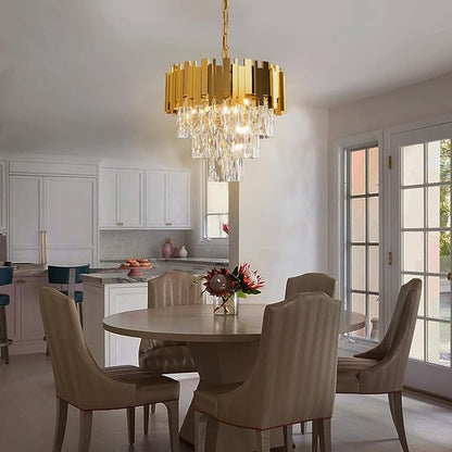 Modern Crystal Chandelier 16" Round K9 Crystal Ceiling Light Adjustable Gold 3-Tier Chandelier with 5 Lights Elegant Fixture for Dining Room Living Room Foyer