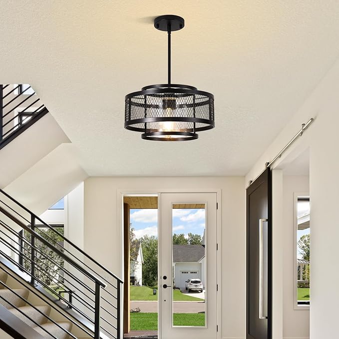 Modern Pendant Lights Kitchen Island, Black Pendant Light Fixtures with 13" Metal Cage, Industrial Farmhouse Hanging Pendant Lights Fixture for Kitchen Island Dining Room Bedroom Hallway Entryway