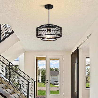 Modern Pendant Lights Kitchen Island, Black Pendant Light Fixtures with 13" Metal Cage, Industrial Farmhouse Hanging Pendant Lights Fixture for Kitchen Island Dining Room Bedroom Hallway Entryway