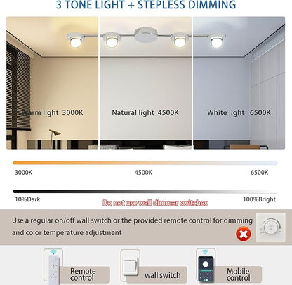 Qcyuui Track Lighting 4-Light LED Track Lighting Fixtures Ceiling Dimmable Kitchen Ceiling Light with Remote Brushed Nickel Rotatable Heads Ceiling Spotlight Wall Light for Bedroom Living Room