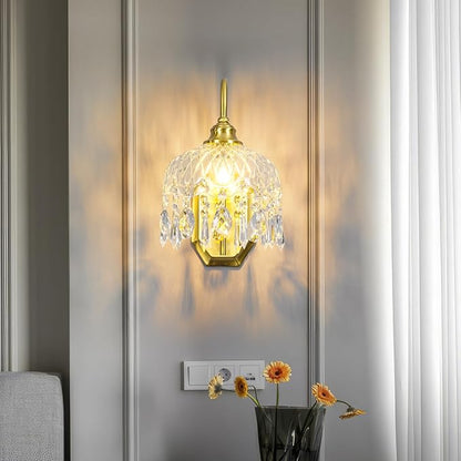 1-Pack Vintage Wall Sconce,Glass Crystal Wall Sconce,Matte Brushed Antique Brass Finish for Bedroom Bathroom Hallway Living Room Decor