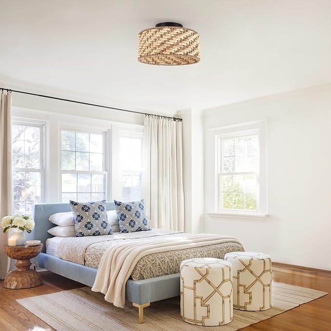 12.6-inch semi-Flush Mount Ceiling Light Fixture - 3-Light Pure Hand-Woven lamp for Dining Room