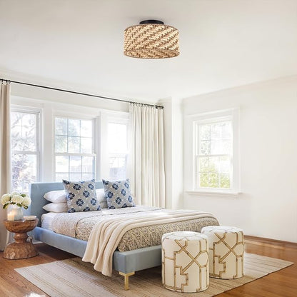 12.6-inch semi-Flush Mount Ceiling Light Fixture - 3-Light Pure Hand-Woven lamp for Dining Room