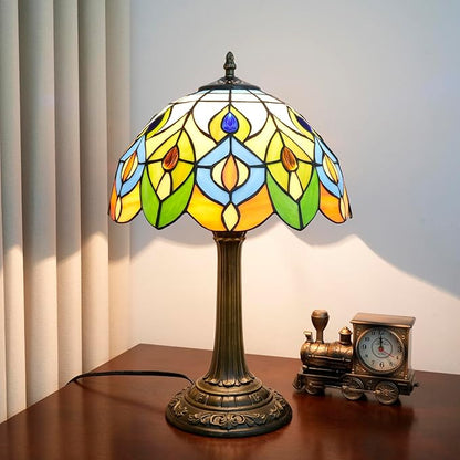 Tiffany Style Table Lamp With Retro Peacock Stained Glass Lamp 12 Inch Bronze Base Bedside Lamp Bedroom Living Rooms, Offices, Hotel Classics Luxury Style Decorative Ambient Light Bedside Lamp