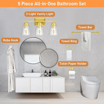 hykolity 3-Light Bathroom Vanity Light, 5-Piece All-in-One Bathroom Set, 20 Inch Modern Wall Lamp, Gold Wall Sconces with Clear Glass Shade, Wall Lights for Bedroom, Living Room, Bathroom Mirror