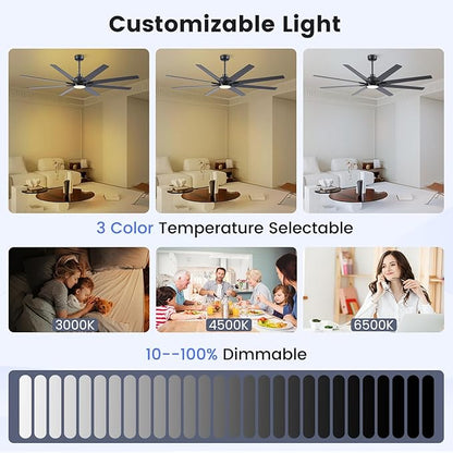 Newday 72 Inch Black Ceiling Fan with Light and Remote, Indoor/Outdoor Silent Reversible DC Motor, 6 Speeds, 3CCT, Timer, 8 Blades, 3 Downrods for Living Room, Patio, Garage