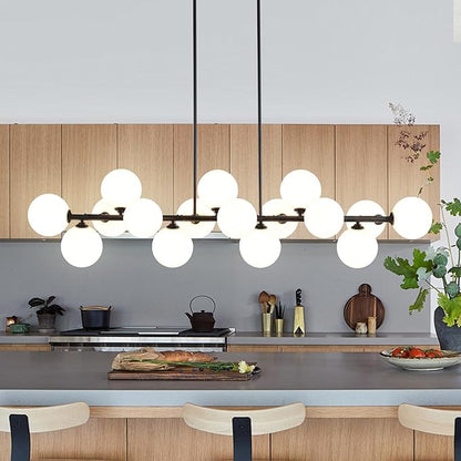 Linear Chandeliers for Dining Room, 55inch Glass Globe Chandelier Black Linear Sputnik Chandeliers 16 Light Large Long Modern Chandelier Milk White Glass Bubble Chandelier Kitchen Island Lighting