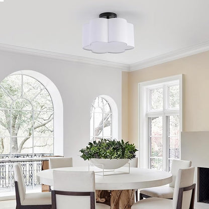 Semi Flush Mount Ceiling Light, Modern Close to Ceiling Lamp with White Flower Fabric Shade 3-Light Farmhouse Brass Ceiling Light for Nursery Bedroom Kitchen Hallway Entryway