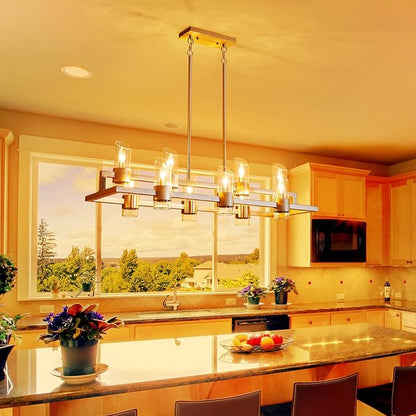 WUZUPS Island Rectangle Chandelier 10-Light with Clear Glass Industrial Modern Farmhouse Linear Light Fixture for Dining Room Kithen Island, Width 42.5" Height 10.4", Brushed Nickel
