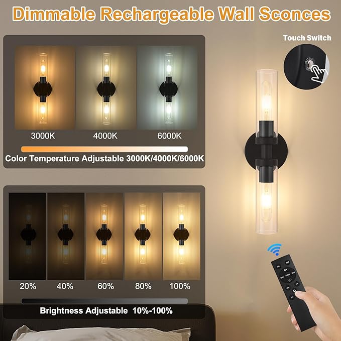 Battery Operated Wall Sconces Set of 2, 330° Rotation 3000K-6000K Dimmable Wireless Wall Sconce with Clear Glass Black 10400mAh USB Rechargeable Wall Lights with Remote Bulbs Included 2 Pack