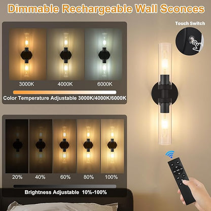 Battery Operated Wall Sconces Set of 2, 330° Rotation 3000K-6000K Dimmable Wireless Wall Sconce with Clear Glass Black 10400mAh USB Rechargeable Wall Lights with Remote Bulbs Included 2 Pack