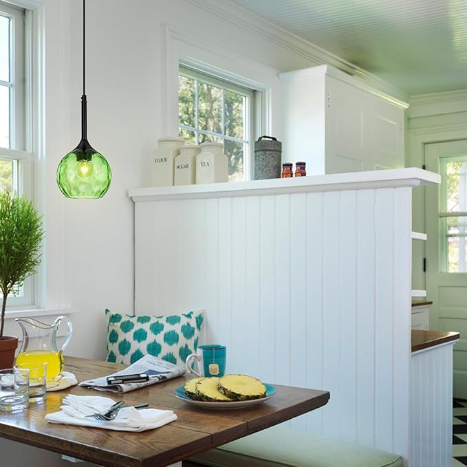 Glass Pendant Lights Kitchen Island: 5.91'' 1-Light Green Hammered Glass Pendant Light with Black Finish - Modern Minimalist Hanging Light Fixture for Kitchen Sink Dining Room - E26 Base