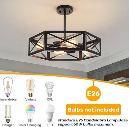 Black Semi Flush Mount Ceiling Lights, Sloped Dining Room Light Fixture Farmhouse Hexagon Chandelier, Kitchen Island Pendant Lighting Adjustable Height for Entryway Hallway Foyer