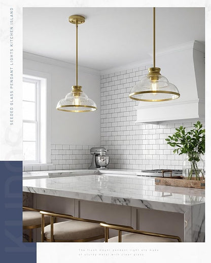 kudos Gold Pendant Lights Kitchen Island, 11" Brass Kitchen Island Lighting with Seeded Glass, Farmhouse Pendant Light fixtures for Kitchen Sink Dining Room Hallways, KDPL14-GD