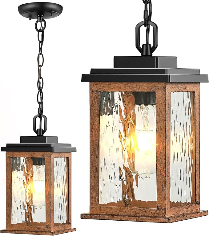 VIANIS Outdoor Pendant Light Fixtures, Wood Grain Outside Hanging Lights Lantern, Outdoor Ceiling Lights for Porch with Waterproof, Aluminum Porch Lights Ceiling with Water Ripple Glass