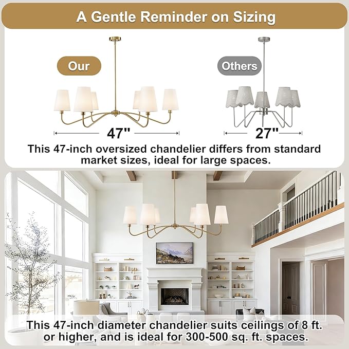 47'' Brushed Gold Chandelier with Shades, Oversized 6-Light Modern Chandelier for Living Room, Large Dining Room Light Fixture, Adjustable Brass Classic Pendant Light Fixture for Kitchen E12 Base