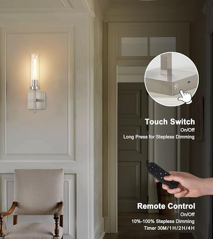 SANTOSTOCK Brushed Nickel Battery Operated Wall Sconces with Remote Control, Wireless Wall Sconce Set of 2, Rechargeable Cordless Wall Lights for Living Room Bathroom Hallway Entryway Stairwell, 3000K
