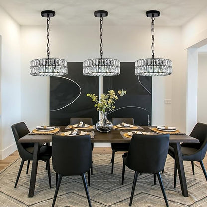 CATINER 3-Pack Black Crystal Pendant Light 4-Light Modern Chandelier Small 12” Crystal Semi Flush Mount Ceiling Light Round for Dining Room Kitchen Island Foyer Hallway