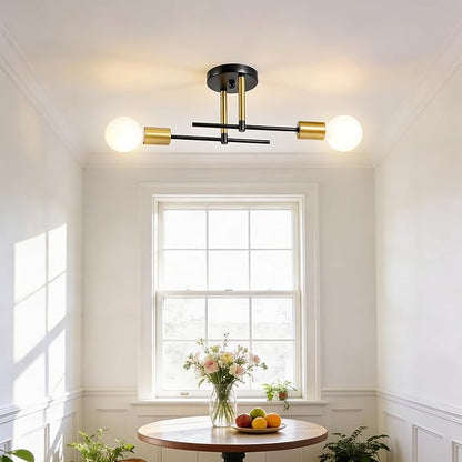 Modern Sputnik Chandelier Ceiling Light Fixtures, 2-Lights Mid Century Industrial Metal Semi Flush Mount for Dining Room, Bedroom, Living Room-Black and Gold