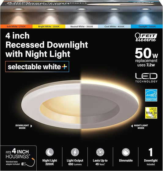 Feit Electric 4" LED Recessed Downlight with Night Light Mode, 50W Equivalent, Dimmable, 5CCT Selectable White, 90 CRI, 650 Lumens, 45 Year Lifetime, 4 Pack, LEDR4/NL/5CCTCA/4