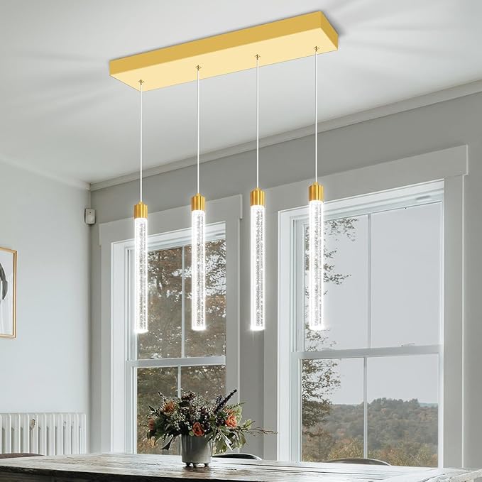 Modern Crystal Column Chandelier for Living Room Dining Room 4-Lights Gold Dimmable LED Adjustable Height Hanging Pendant Light for Kitchen Island,Bedroom,Over Table,