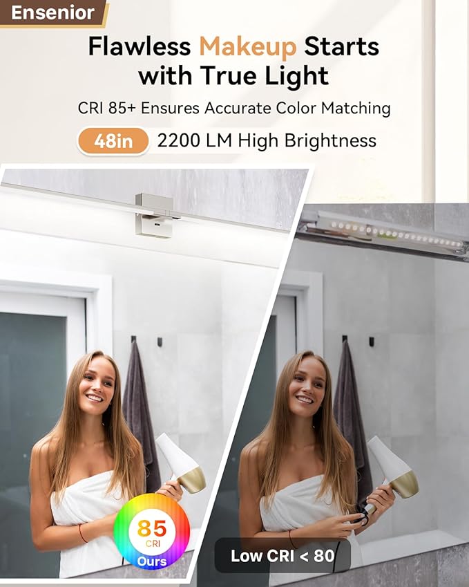 Ensenior Modern Brushed Nickel Bathroom Vanity Light 48 inch, Built-in Dimmer, 2100LM Dimmable 5CCT Led Bath Lights, Bar Vanity Light for Bathroom Mirror Cabinets Bedroom-FCC & ETL Certificated