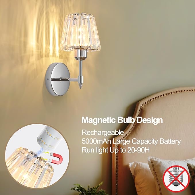 Battery Operated Crystal Wall Sconce Set of 2, Chrome Rechargeable Wireless Wall Sconces with Remote Dimmable 12 Colors Modes Led Wall Lights for Bedroom Living Room Hallway, 2 Bulbs Included