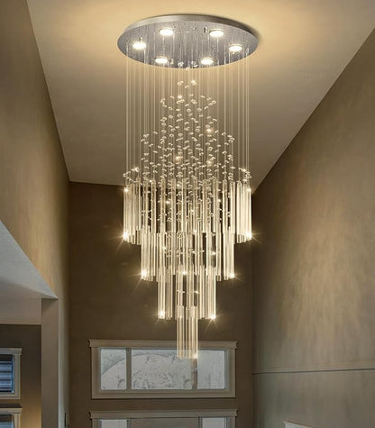 HAIXIANG W20 x H40 Crystal Glam Chandelier Long Light Chandeliers with Dimmable Light Bulbs High Ceiling Light Fixtures for Foyer Entryway Living Room Stair Silver