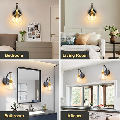 Black and Gold Wall Sconces Set of Two, Modern Wall Sconce Light with Clear Glass Shade,Indoor Wall Light Fixture Wall Lamps for Bedroom, Hallway, Bathroom