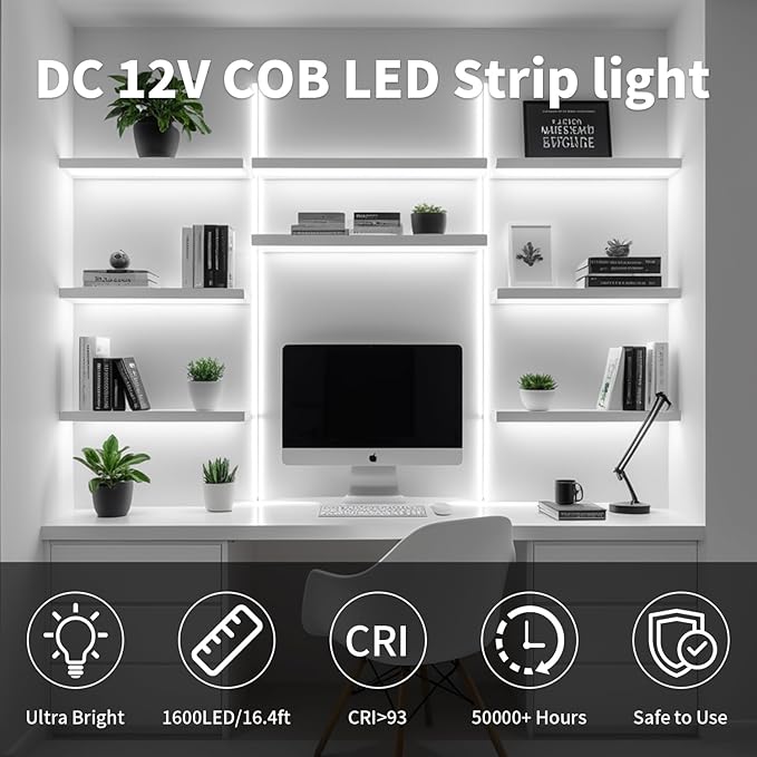 16.4FT/5M COB LED Strip Light, Cold White 6000K Cuttable LED Tape Lights, 8mm Width, CRI93+ Dimmable Flexible Light Strip for Bedroom Kitchen TV Backlight Cabinet Mirror Decor(with Plug)
