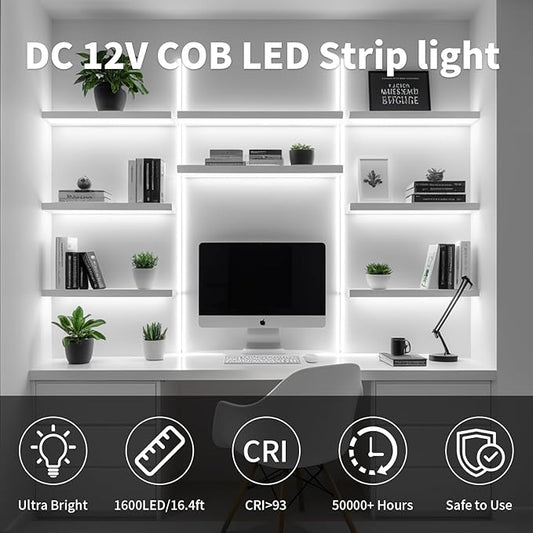 16.4FT/5M COB LED Strip Light, Cold White 6000K Cuttable LED Tape Lights, 8mm Width, CRI93+ Dimmable Flexible Light Strip for Bedroom Kitchen TV Backlight Cabinet Mirror Decor(with Plug)
