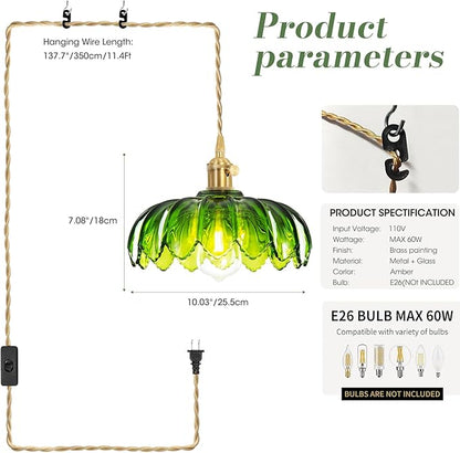 Plug in Pendant Light, Hanging Lights with Plug in Cord, Hanging Light Fixture with Green Glass, E26 Pendant Lighting for Kitchen Island, Bedroom, Dining Room, Living Room