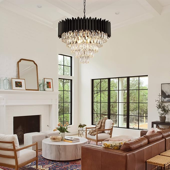 A AXILIXI Black Crystal Chandeliers Modern Round Chandeliers 24" Dimmable 12 Lights Ceiling Pendant Light Fixtures 5 Tiers Luxury Raindrop for Living Room Dining Room Bedroom Foyer