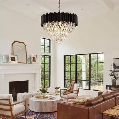 A AXILIXI Black Crystal Chandeliers Modern Round Chandeliers 24" Dimmable 12 Lights Ceiling Pendant Light Fixtures 5 Tiers Luxury Raindrop for Living Room Dining Room Bedroom Foyer