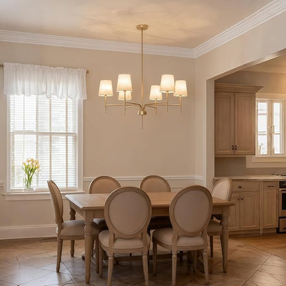 Alynzee Gold Chandeliers for Dining Room, 6-Light Modern Chandelier Light Fixture Over Table, with White Fabric Shade, 34" Large Transitional Kitchen Pendant Lights for Living Room Bedroom Foyer