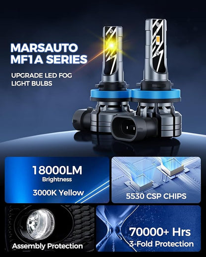 Marsauto H11/H8 LED Fog Light Bulbs Yellow, 18000LM 700% Brightness 3000K Yellow H11 H16 H11 LED Bulb Yellow for Fog Lights, 1:1 Mini Size Design Play and Plug (Pack of 2)