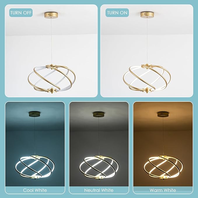 CHYING Modern Gold Chandelier with Remote Control, 48W 3-Color Temperature Dimmable LED Chandelier for Dining Room, Hanging Adjustable Pendant Light for Living Room Kitchen Entryway Foyer