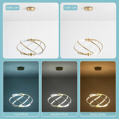 CHYING Modern Gold Chandelier with Remote Control, 48W 3-Color Temperature Dimmable LED Chandelier for Dining Room, Hanging Adjustable Pendant Light for Living Room Kitchen Entryway Foyer