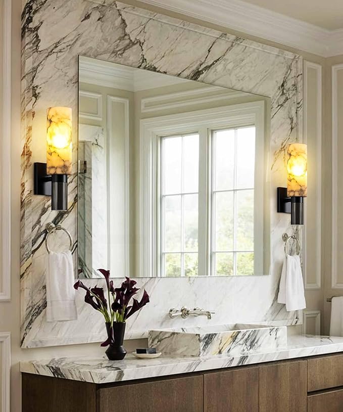 Modern Alabaster Sconce Marble Wall Sconce for Living Room Black Base Bathroom Vanity Wall Sconce Lighting Stone Marble Wall Lamp for Bedroom Corridor Stairs Restaurant