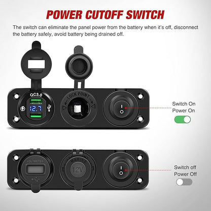 Nilight 4 in 1 Charger Socket Panel Dual QC3.0 USB with LED Voltmeter Display and Cigarette Lighter Power Cutoff Switch for CarsTrucks UTV ATV