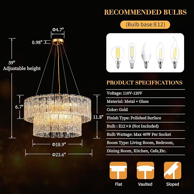 24" Modern Gold Crystal Chandelier Living Room 8-Light Crystal Elegant Lighting Large Glass Chandelier Luxury 2-Tier Round Chandeliers for Dining Room Foyer Living Room Bedroom