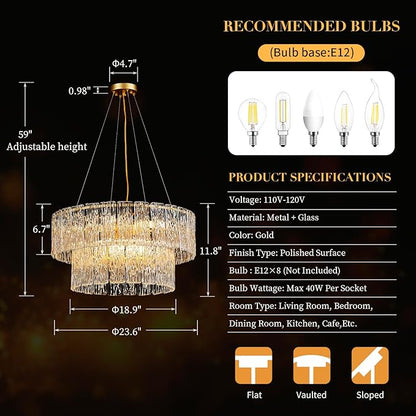 24" Modern Gold Crystal Chandelier Living Room 8-Light Crystal Elegant Lighting Large Glass Chandelier Luxury 2-Tier Round Chandeliers for Dining Room Foyer Living Room Bedroom