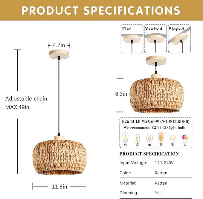 Boho Pendant Lights Kitchen Island, 11.8" Bohemian Rattan Hand-Woven Light Fixture Natural Seagrass Weaving Lighting Hanging Ceiling Chandelier for Restaurants Living Dining Room Farmhouse