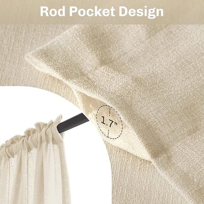 Melodieux Beige Semi Sheer Tier Curtains 45 Inch Length for Kitchen Cafe Bedroom Small Windows, Linen Look Rod Pocket Short Curtain Tiers Voile Drapes, 2 Panels