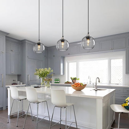 Light Grey Glass Pendant Lights Kitchen Island Globe Pendant Light Fixtures Modern Pendant Lighting for Bedroom Living Dining Room Light Fixture (5.9 in, 3 Pack)
