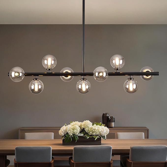 Mid Century Modern Globe Sputnik Chandelier, 9-Light Linear Chandeliers for Dining Room and Kitchen Island, Dining Light Fixture Over Table, Black and Smoke Grey Glass Bubble, 40 Inch