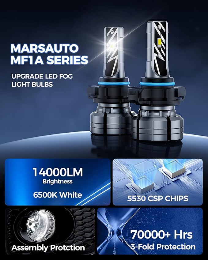Marsauto 5201/5202 LED Fog Light Bulbs, 14,000LM 6500K White 5202 LED Bulbs, 70000HRS Lifespan 5201 PS24W Fog Lights for Trucks, SUV, Non-polarity Play and Plug, Pack of 2
