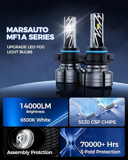 Marsauto 5201/5202 LED Fog Light Bulbs, 14,000LM 6500K White 5202 LED Bulbs, 70000HRS Lifespan 5201 PS24W Fog Lights for Trucks, SUV, Non-polarity Play and Plug, Pack of 2